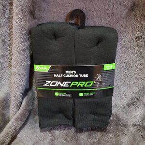 6pk of ZONE PRO MEN'S HALF CUSHION Tube Socks Black SIZE 6-12